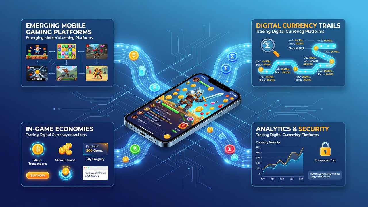Analyst reviewing blockchain explorer data connected to mobile game transaction logs on dual monitors